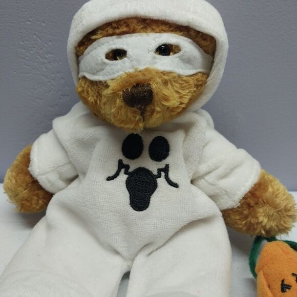 Rare Plushland 2006 Halloween Teddy Bear Ghost Costume Mask Pumpkin Small Plush - Picture 3 of 12